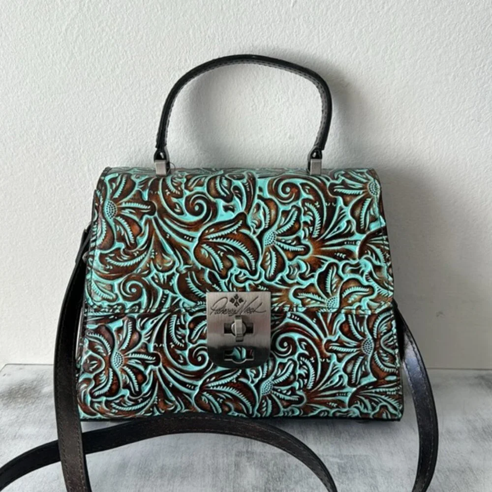 Patricia Nash Leather Tooled Chauny Turquoise Handbag Crossbody Top Handbag